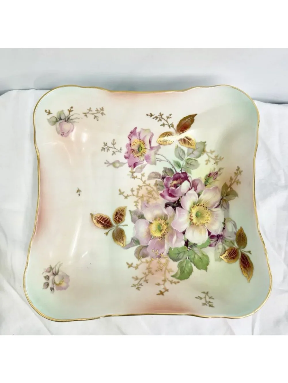 Schumann Arzberg Germany Floral Square Porcelain Serving Bowl Gold Gilt Dish